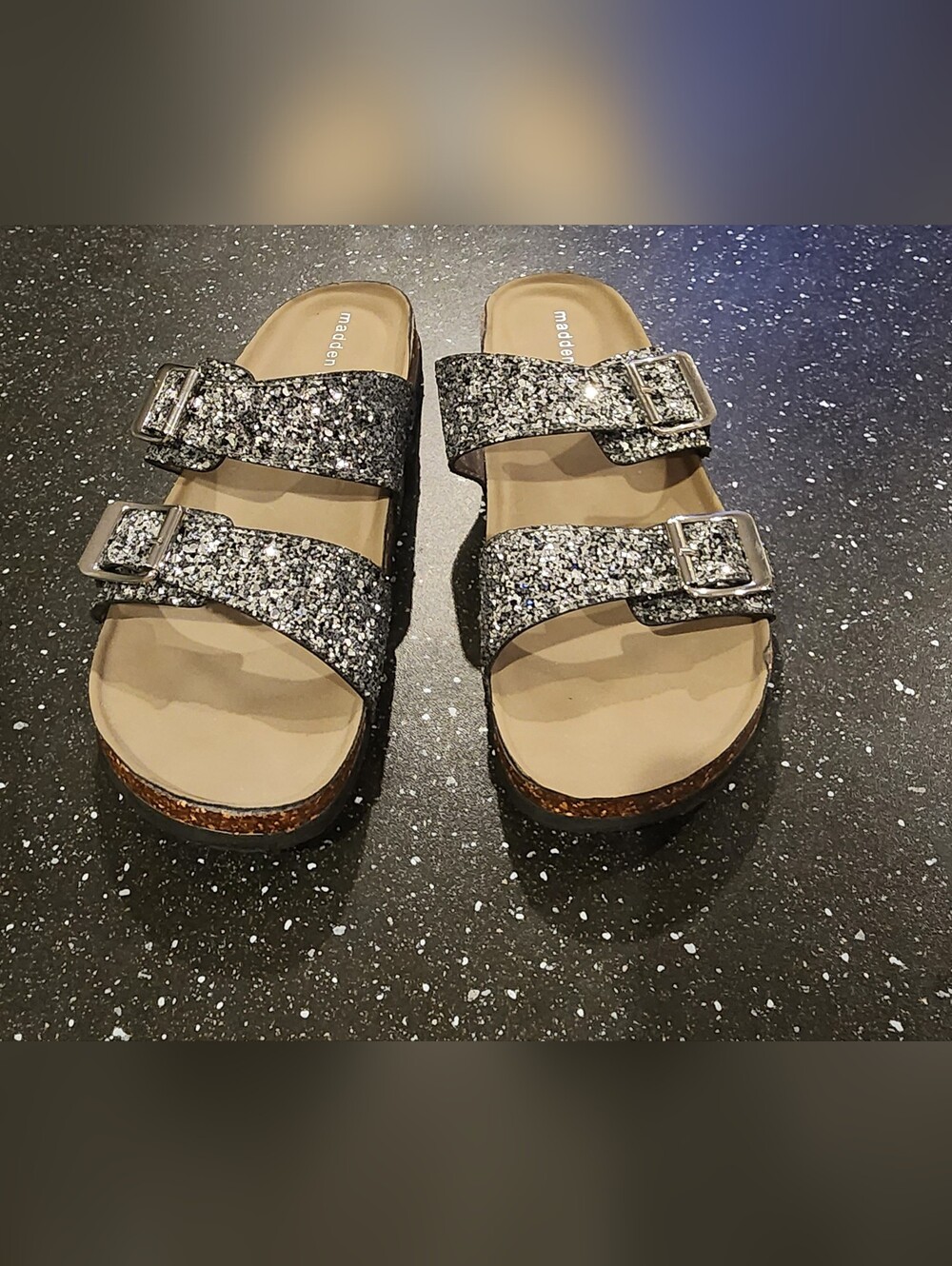 Madden Girl Black & Silver Glitter Double-Buckle Slide Sandals